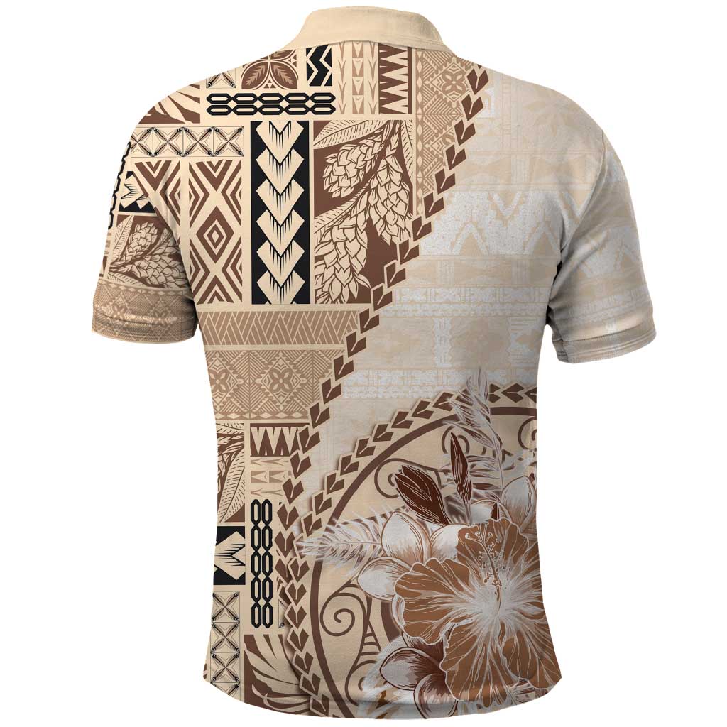 Samoa Siapo Elegant Polo Shirt Hibiscus Beige Motifs - Polynesian Pride