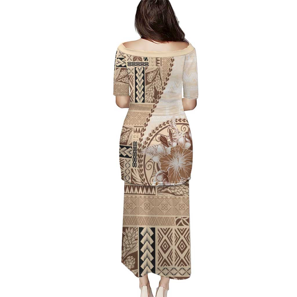 Samoa Siapo Elegant Puletasi Hibiscus Beige Motifs - Polynesian Pride