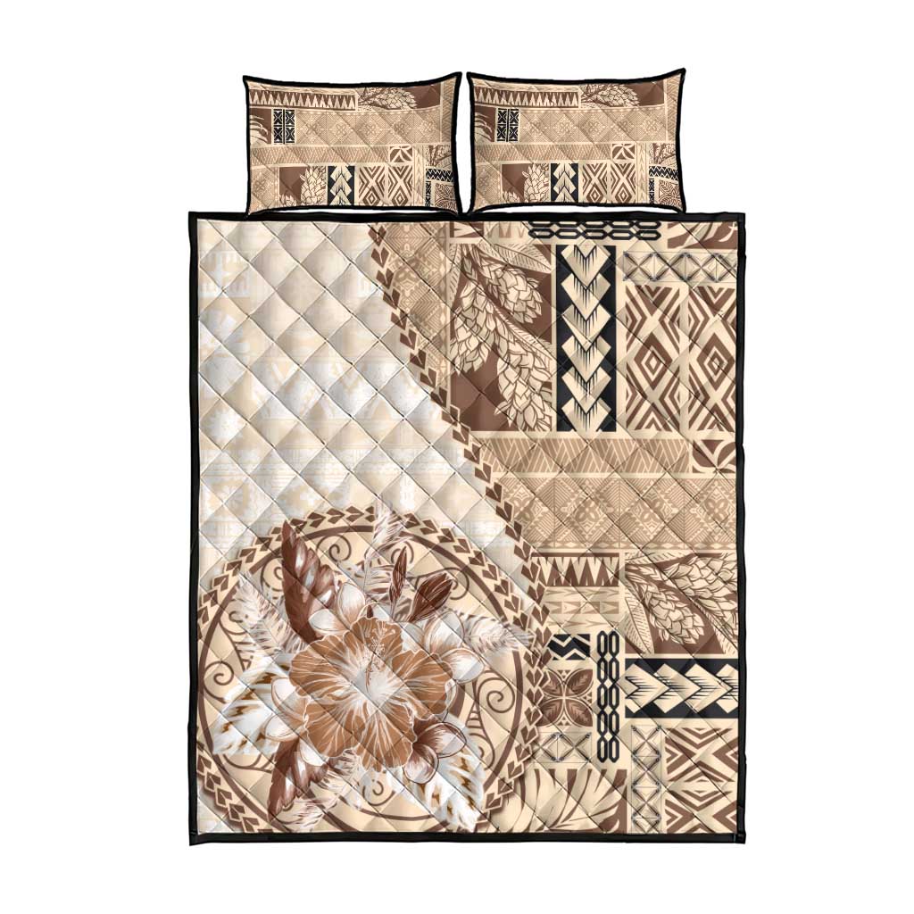 Samoa Siapo Elegant Quilt Bed Set Hibiscus Beige Motifs - Polynesian Pride