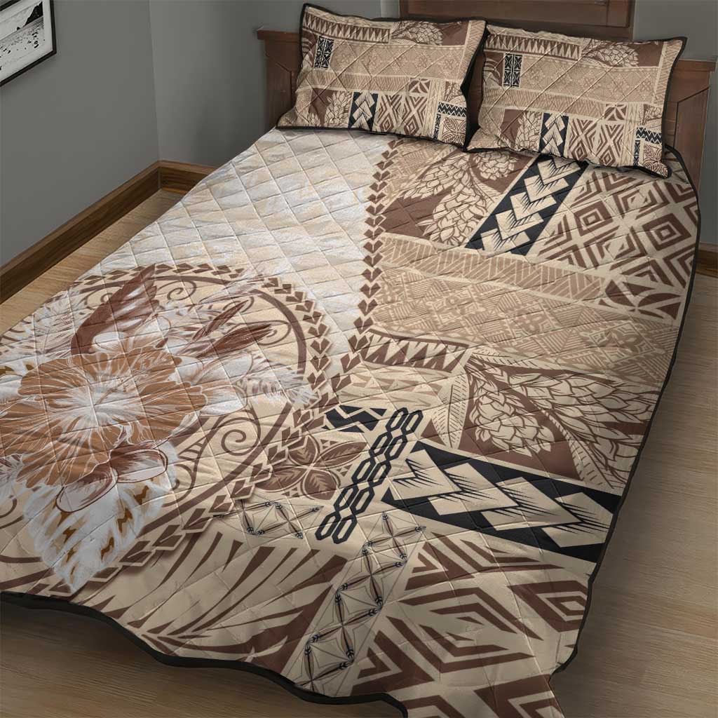 Samoa Siapo Elegant Quilt Bed Set Hibiscus Beige Motifs - Polynesian Pride