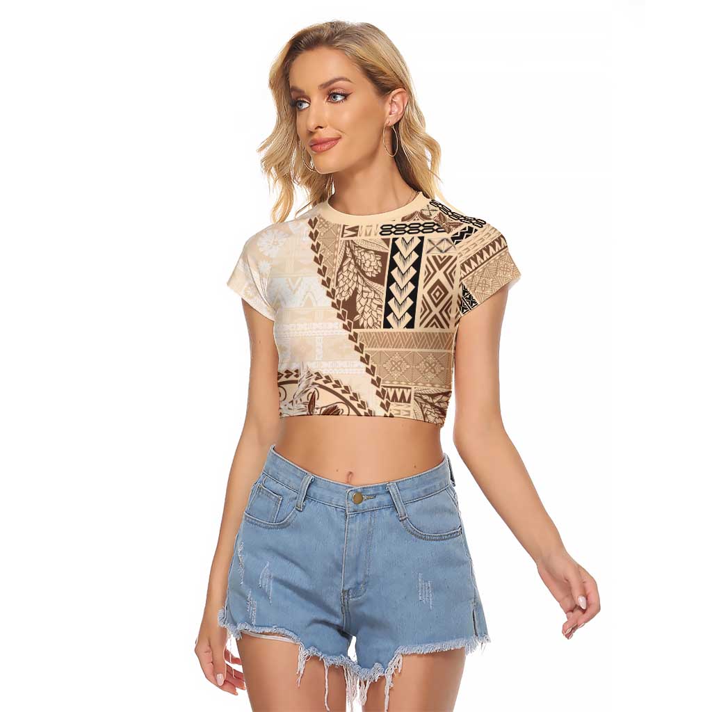 Samoa Siapo Elegant Raglan Cropped T Shirt Hibiscus Beige Motifs LT05 Female Beige - Polynesian Pride