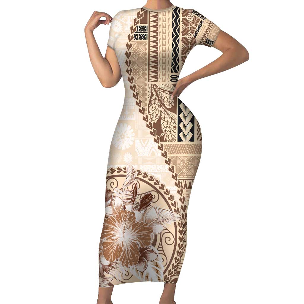 Samoa Siapo Elegant Short Sleeve Bodycon Dress Hibiscus Beige Motifs - Polynesian Pride