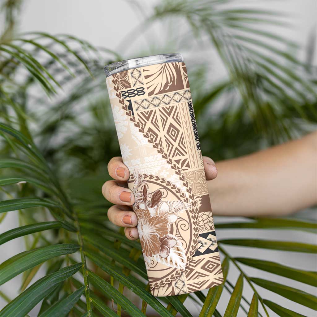 Samoa Siapo Elegant Skinny Tumbler Hibiscus Beige Motifs LT05 - Polynesian Pride