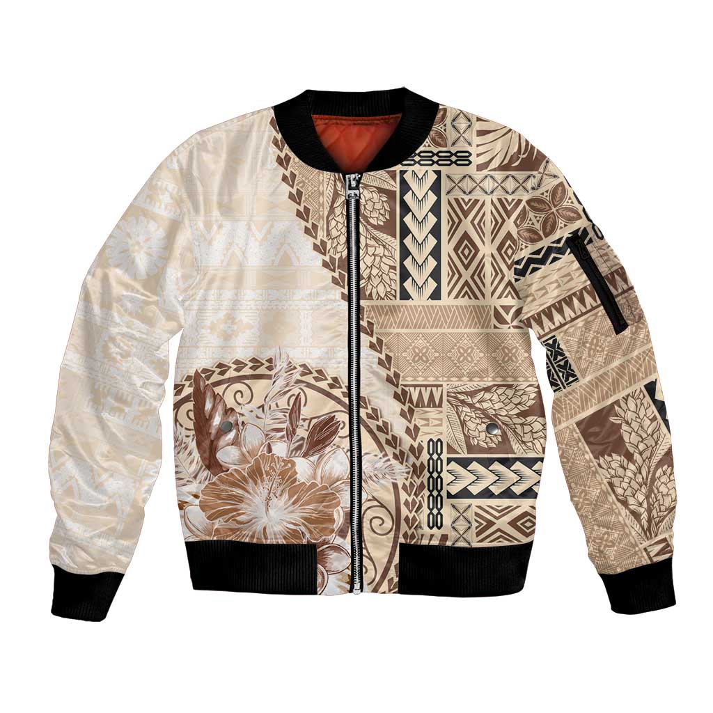 Samoa Siapo Elegant Sleeve Zip Bomber Jacket Hibiscus Beige Motifs LT05 Unisex Beige - Polynesian Pride