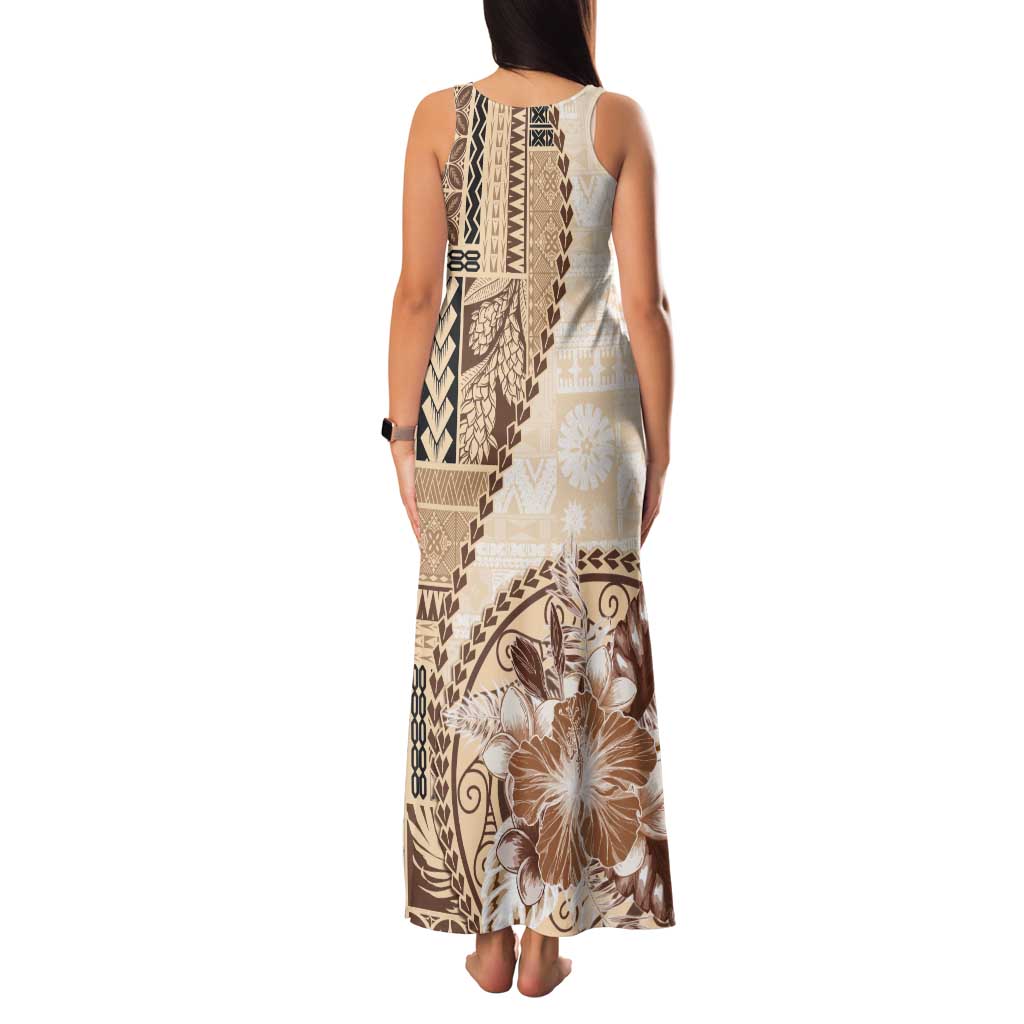 Samoa Siapo Elegant Tank Maxi Dress Hibiscus Beige Motifs - Polynesian Pride