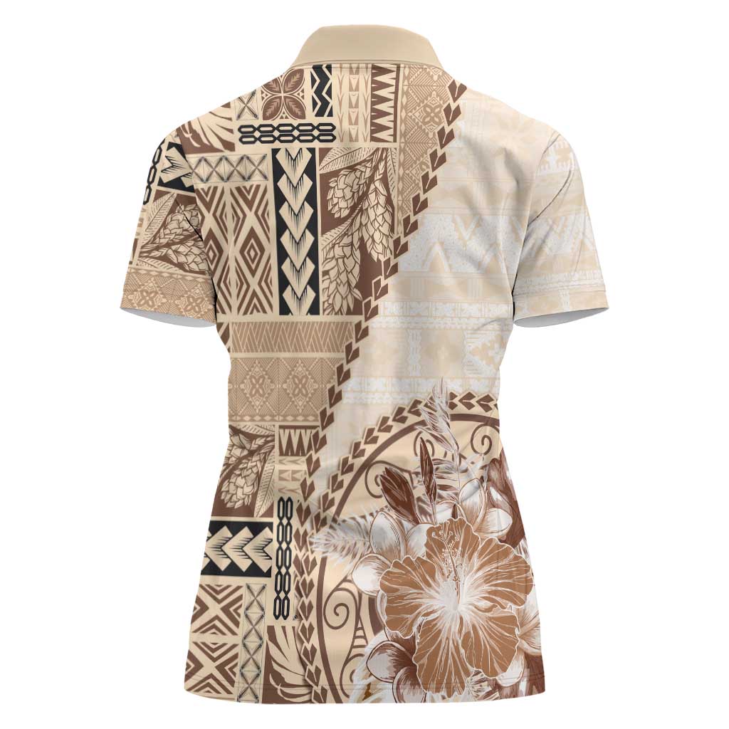 Samoa Siapo Elegant Women Polo Shirt Hibiscus Beige Motifs - Polynesian Pride