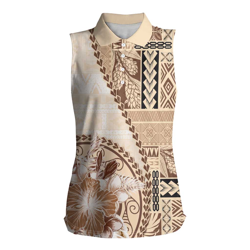 Samoa Siapo Elegant Women Sleeveless Polo Shirt Hibiscus Beige Motifs LT05 Female Beige - Polynesian Pride