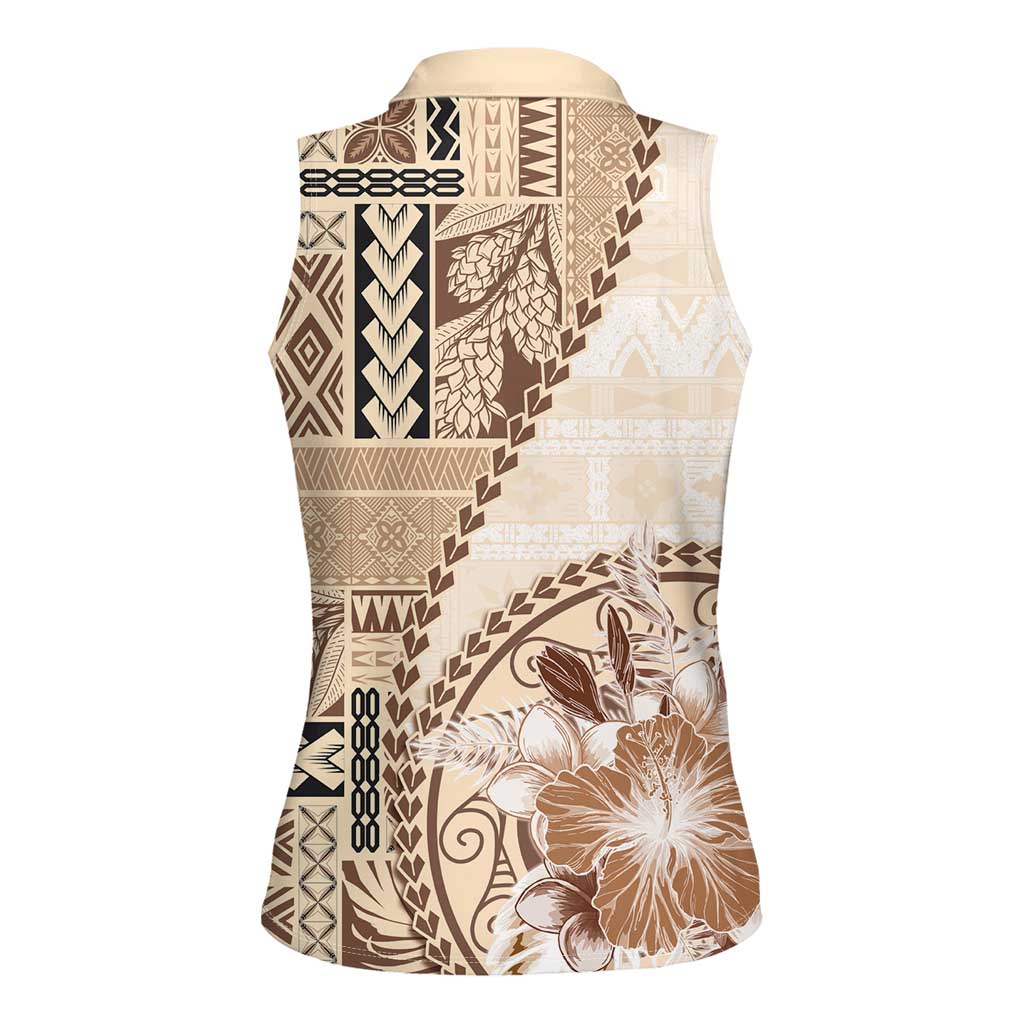 Samoa Siapo Elegant Women Sleeveless Polo Shirt Hibiscus Beige Motifs LT05 - Polynesian Pride