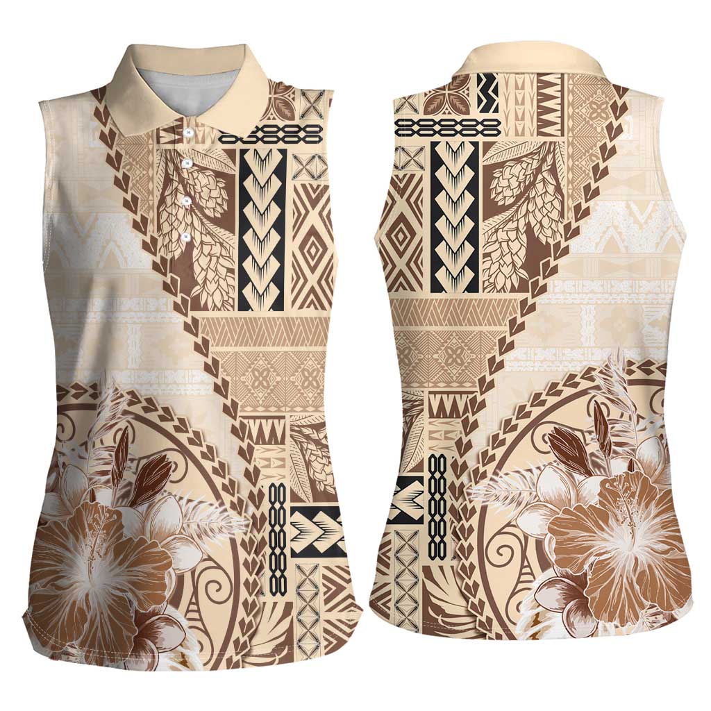 Samoa Siapo Elegant Women Sleeveless Polo Shirt Hibiscus Beige Motifs LT05 - Polynesian Pride