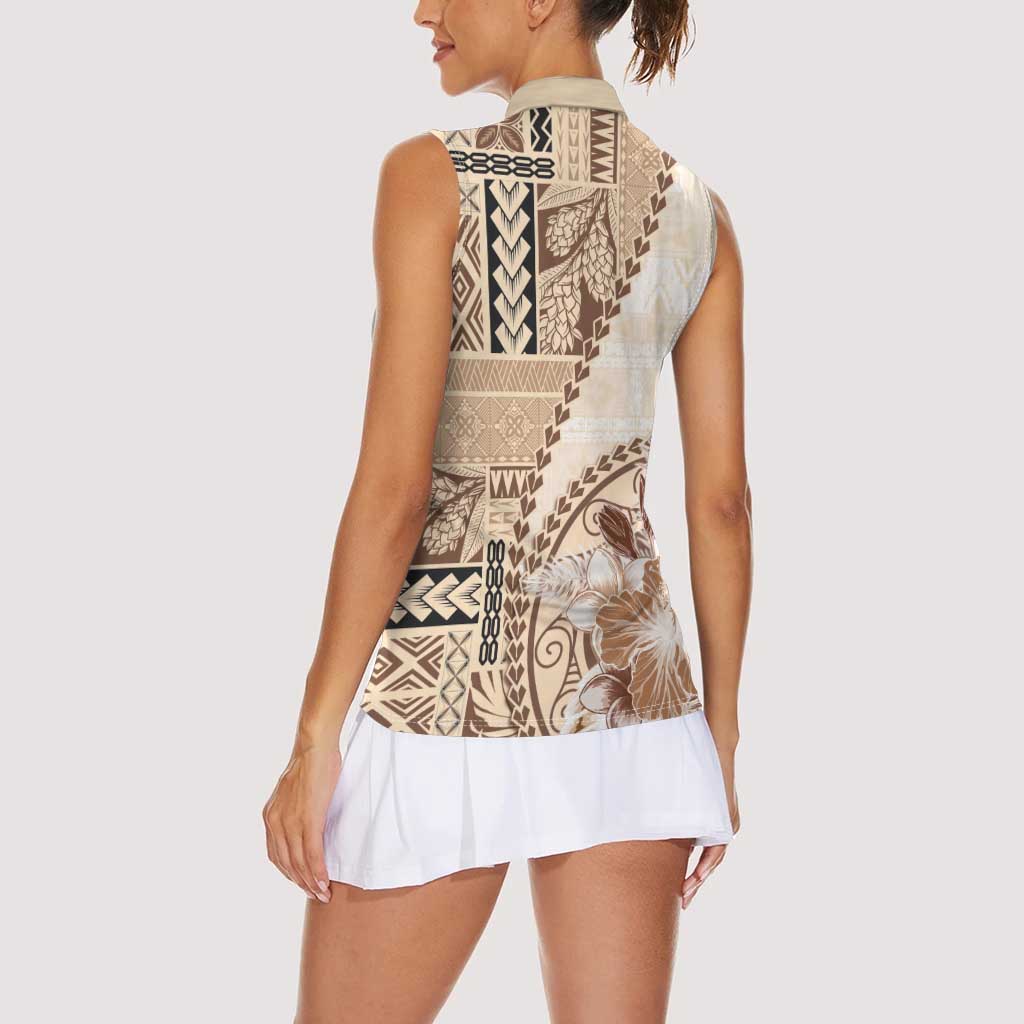 Samoa Siapo Elegant Women Sleeveless Polo Shirt Hibiscus Beige Motifs LT05 - Polynesian Pride