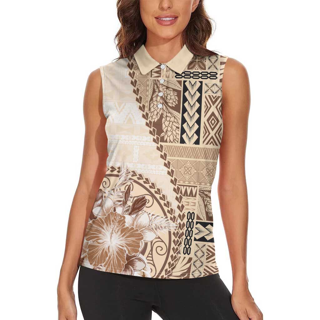 Samoa Siapo Elegant Women Sleeveless Polo Shirt Hibiscus Beige Motifs LT05 - Polynesian Pride