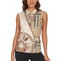 Samoa Siapo Elegant Women Sleeveless Polo Shirt Hibiscus Beige Motifs LT05 - Polynesian Pride