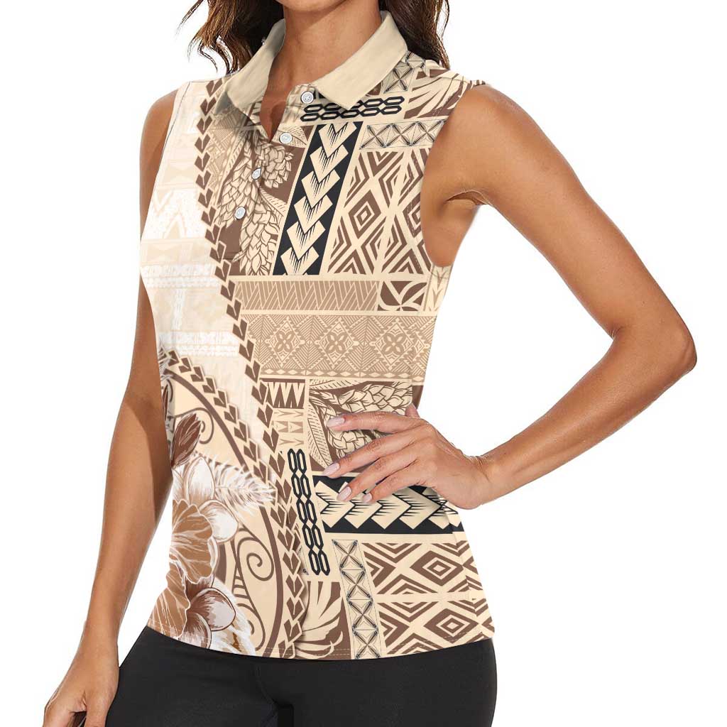 Samoa Siapo Elegant Women Sleeveless Polo Shirt Hibiscus Beige Motifs LT05 - Polynesian Pride