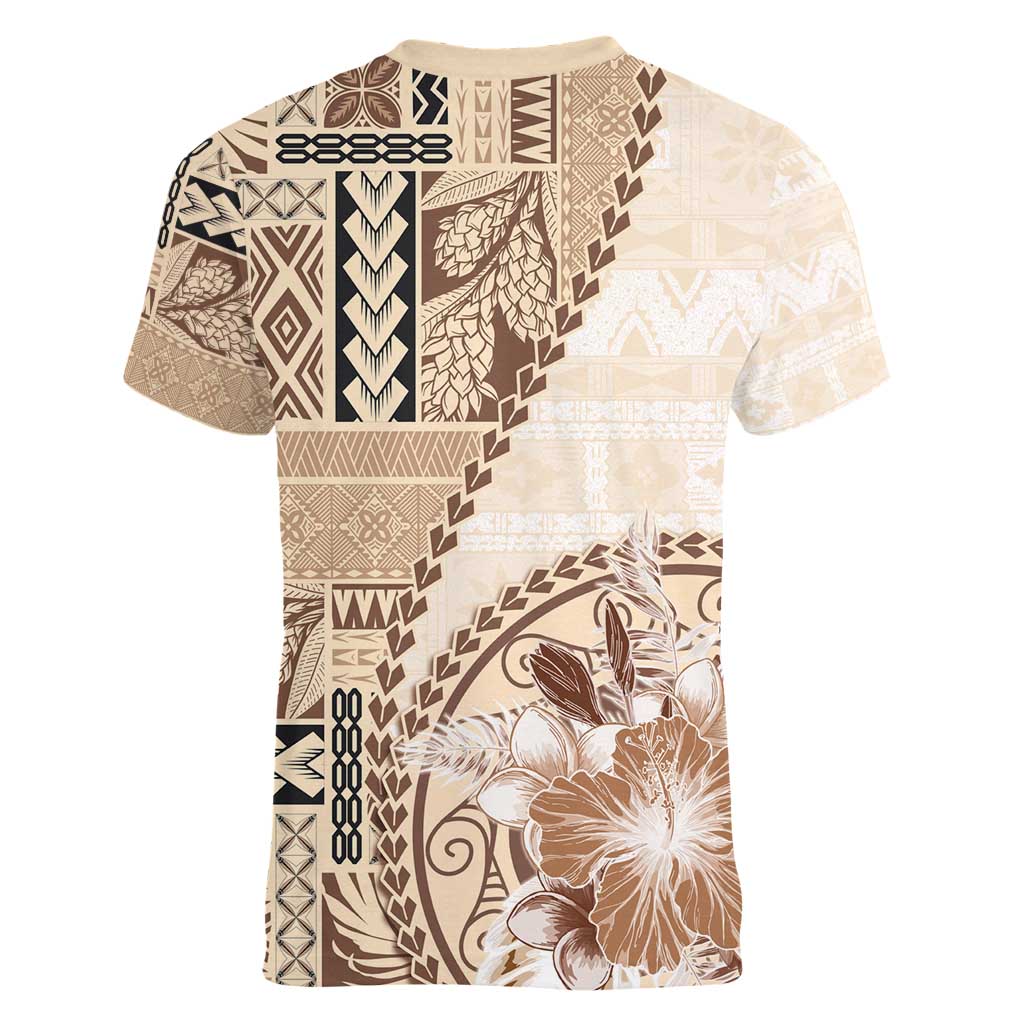 Samoa Siapo Elegant Women V-Neck T-Shirt Hibiscus Beige Motifs - Polynesian Pride