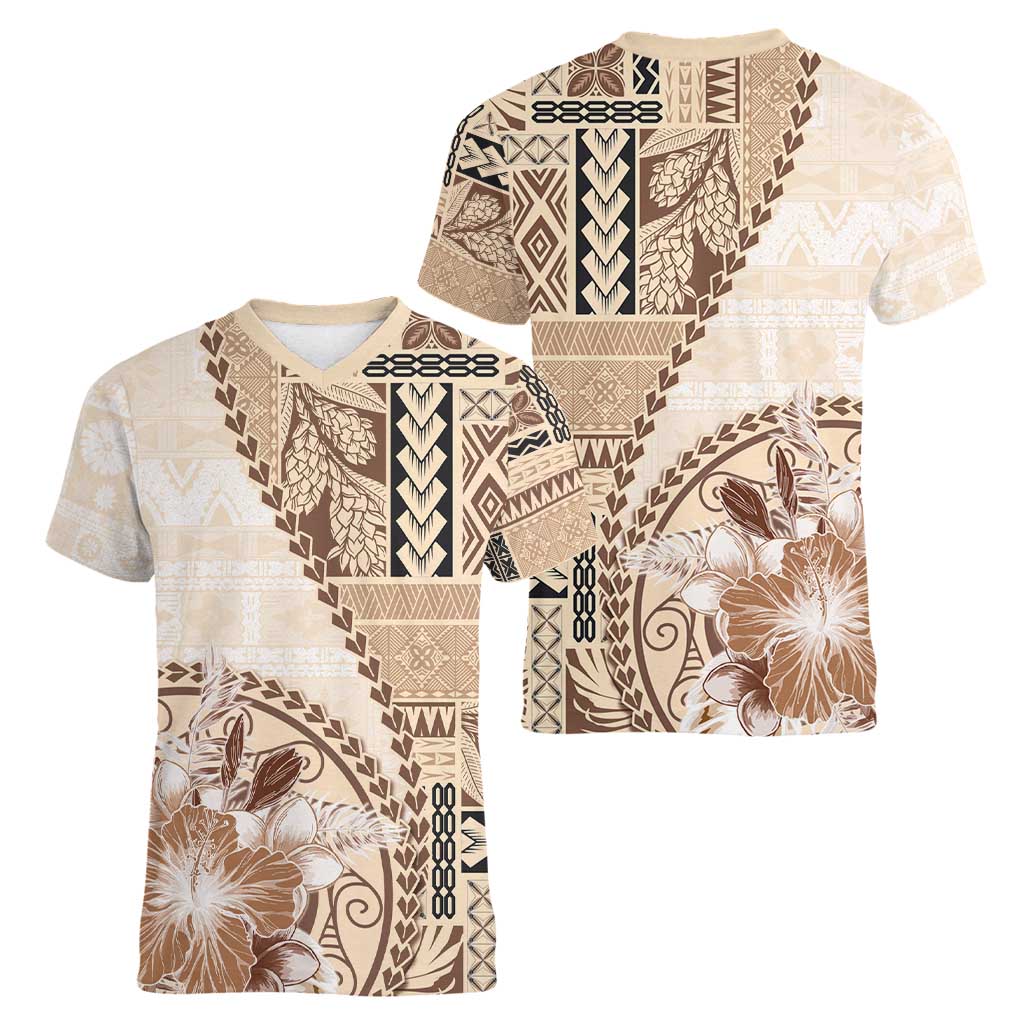 Samoa Siapo Elegant Women V-Neck T-Shirt Hibiscus Beige Motifs - Polynesian Pride