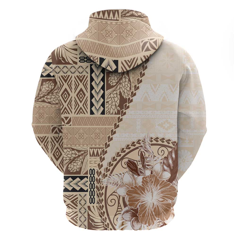 Samoa Siapo Elegant Zip Hoodie Hibiscus Beige Motifs - Polynesian Pride