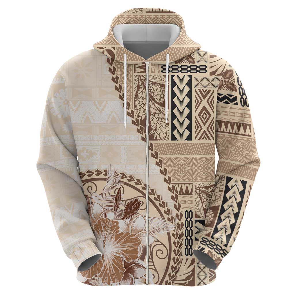 Samoa Siapo Elegant Zip Hoodie Hibiscus Beige Motifs - Polynesian Pride