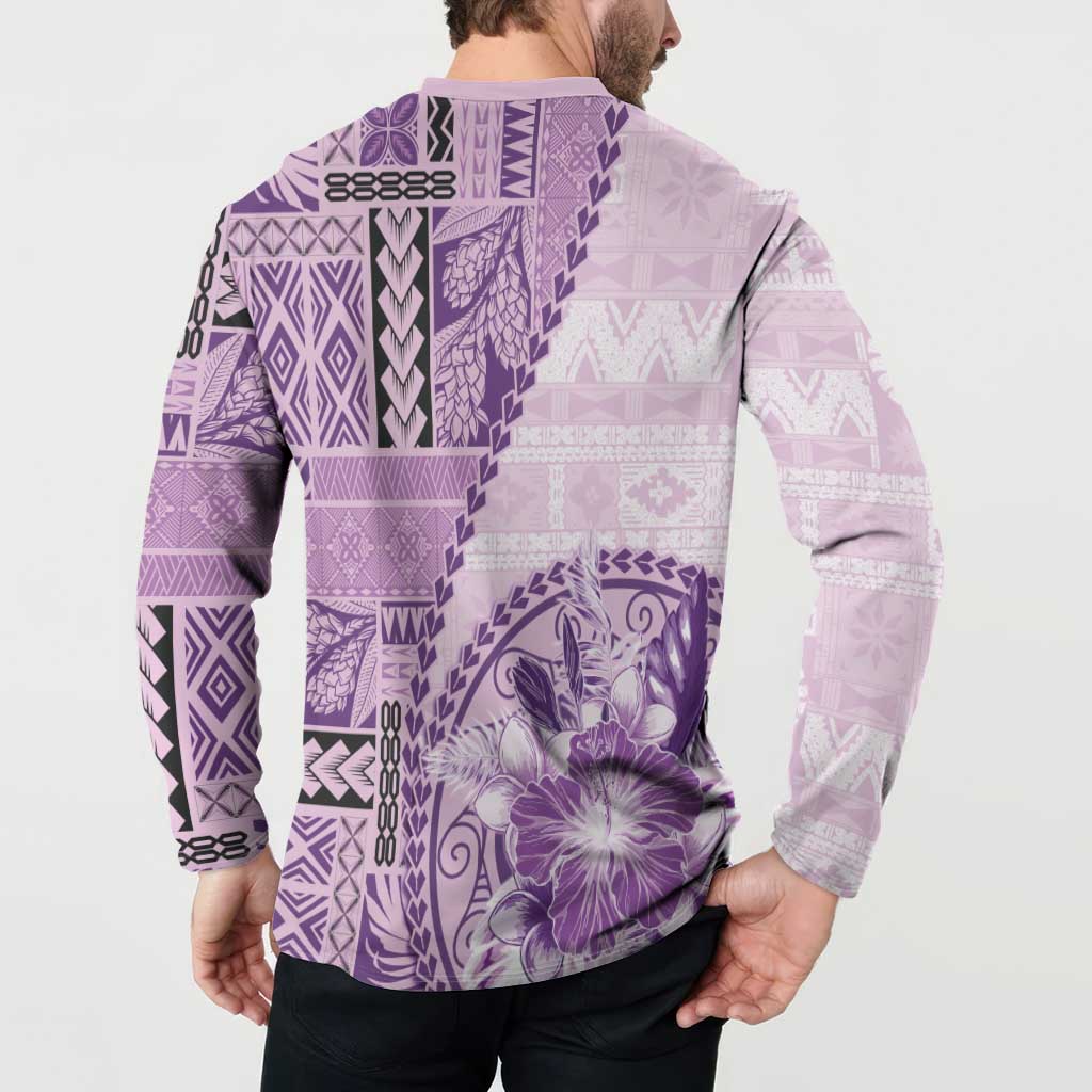 Samoa Siapo Elegant Button Sweatshirt Hibiscus Violet Motifs - Polynesian Pride
