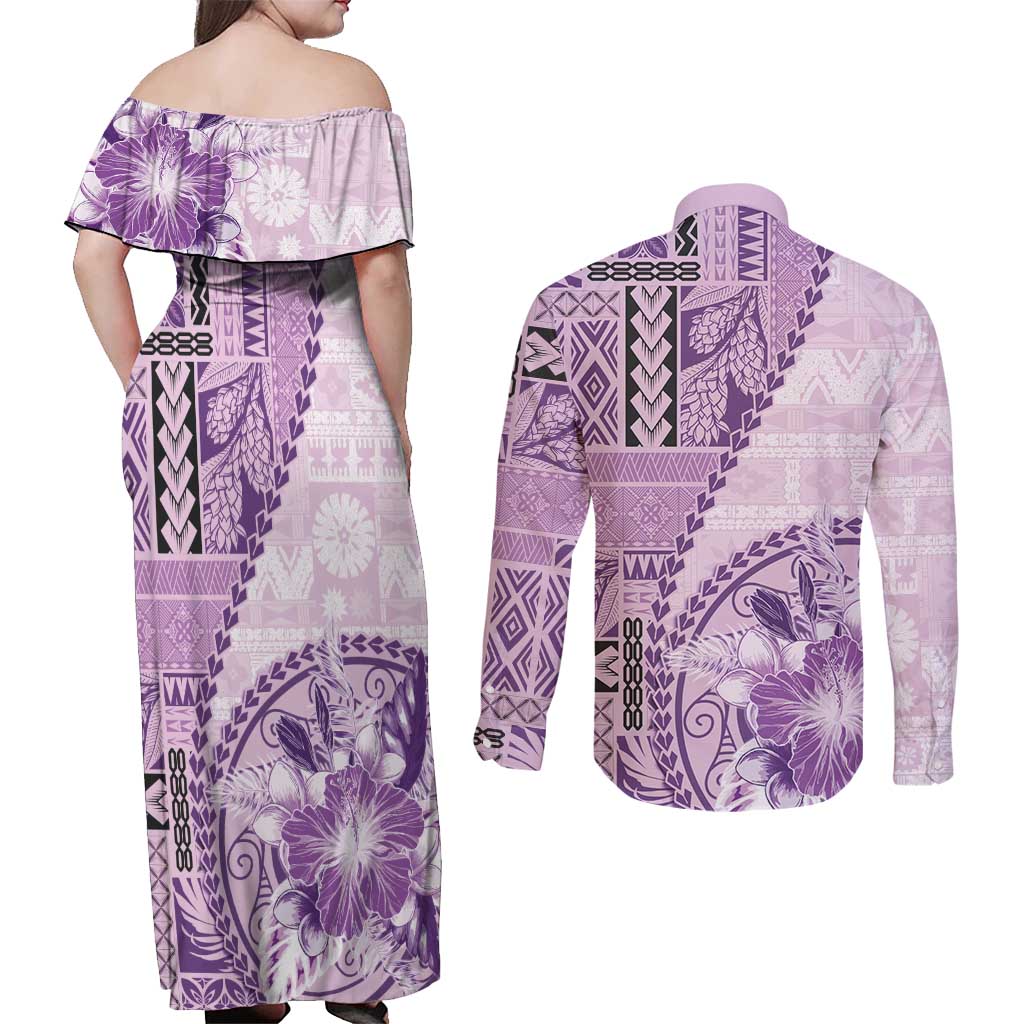 Samoa Siapo Elegant Couples Matching Off Shoulder Maxi Dress and Long Sleeve Button Shirt Hibiscus Violet Motifs - Polynesian Pride