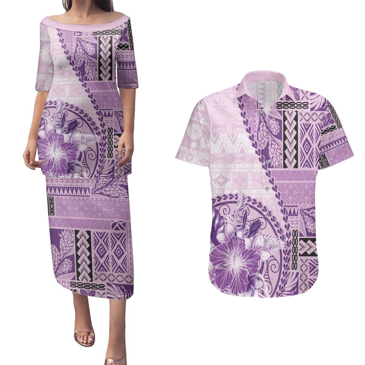 Samoa Siapo Elegant Couples Matching Puletasi and Hawaiian Shirt Hibiscus Violet Motifs LT05 Violet - Polynesian Pride