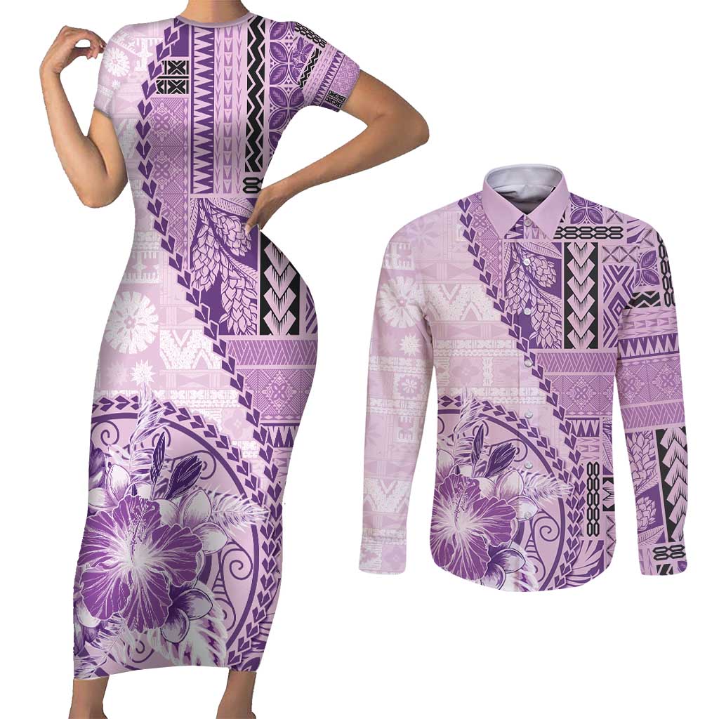 Samoa Siapo Elegant Couples Matching Short Sleeve Bodycon Dress and Long Sleeve Button Shirt Hibiscus Violet Motifs - Polynesian Pride