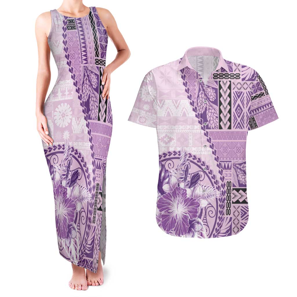 Samoa Siapo Elegant Couples Matching Tank Maxi Dress and Hawaiian Shirt Hibiscus Violet Motifs - Polynesian Pride