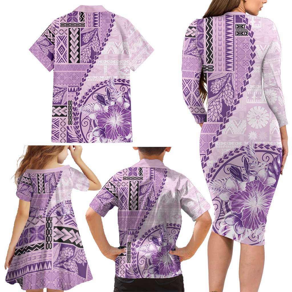 Samoa Siapo Elegant Family Matching Long Sleeve Bodycon Dress and Hawaiian Shirt Hibiscus Violet Motifs - Polynesian Pride