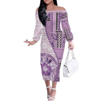 Samoa Siapo Elegant Family Matching Off The Shoulder Long Sleeve Dress and Hawaiian Shirt Hibiscus Violet Motifs - Polynesian Pride