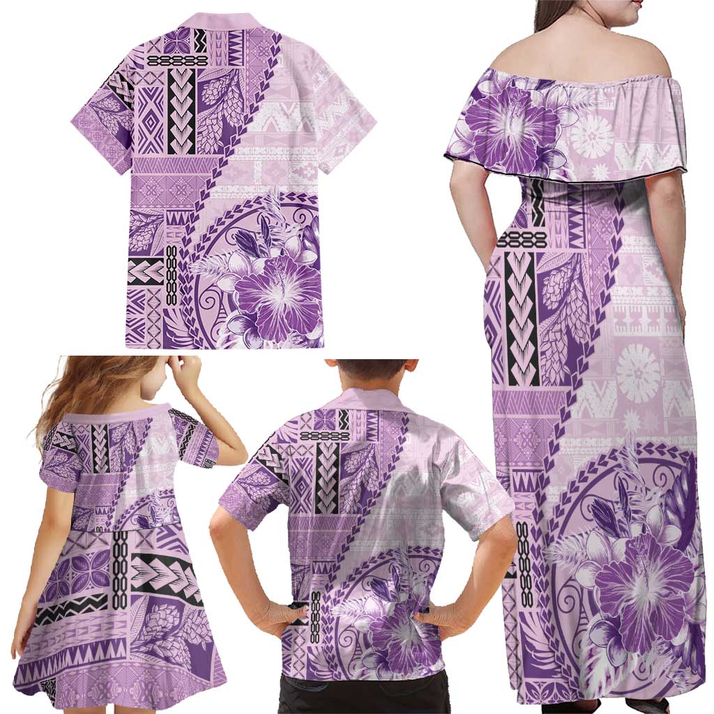 Samoa Siapo Elegant Family Matching Off Shoulder Maxi Dress and Hawaiian Shirt Hibiscus Violet Motifs - Polynesian Pride