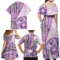 Samoa Siapo Elegant Family Matching Off Shoulder Maxi Dress and Hawaiian Shirt Hibiscus Violet Motifs - Polynesian Pride