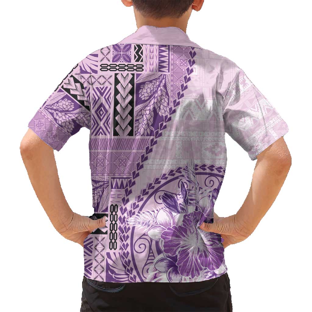 Samoa Siapo Elegant Family Matching Off Shoulder Short Dress and Hawaiian Shirt Hibiscus Violet Motifs - Polynesian Pride