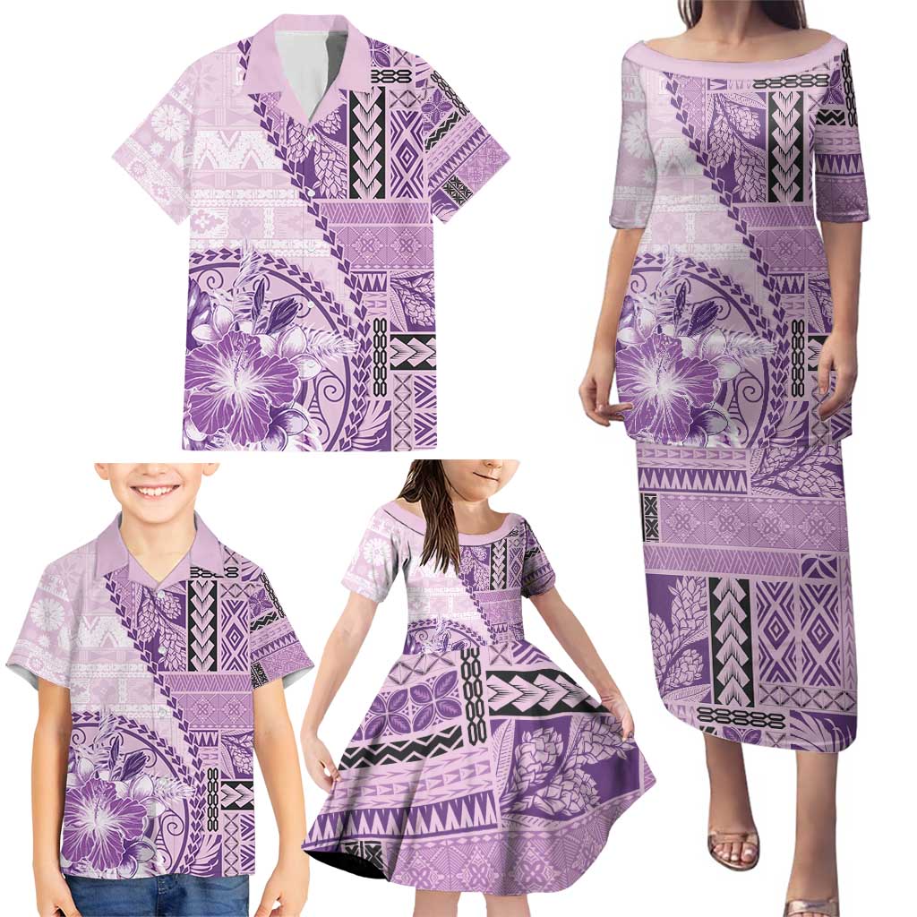 Samoa Siapo Elegant Family Matching Puletasi and Hawaiian Shirt Hibiscus Violet Motifs - Polynesian Pride