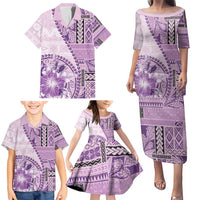 Samoa Siapo Elegant Family Matching Puletasi and Hawaiian Shirt Hibiscus Violet Motifs - Polynesian Pride