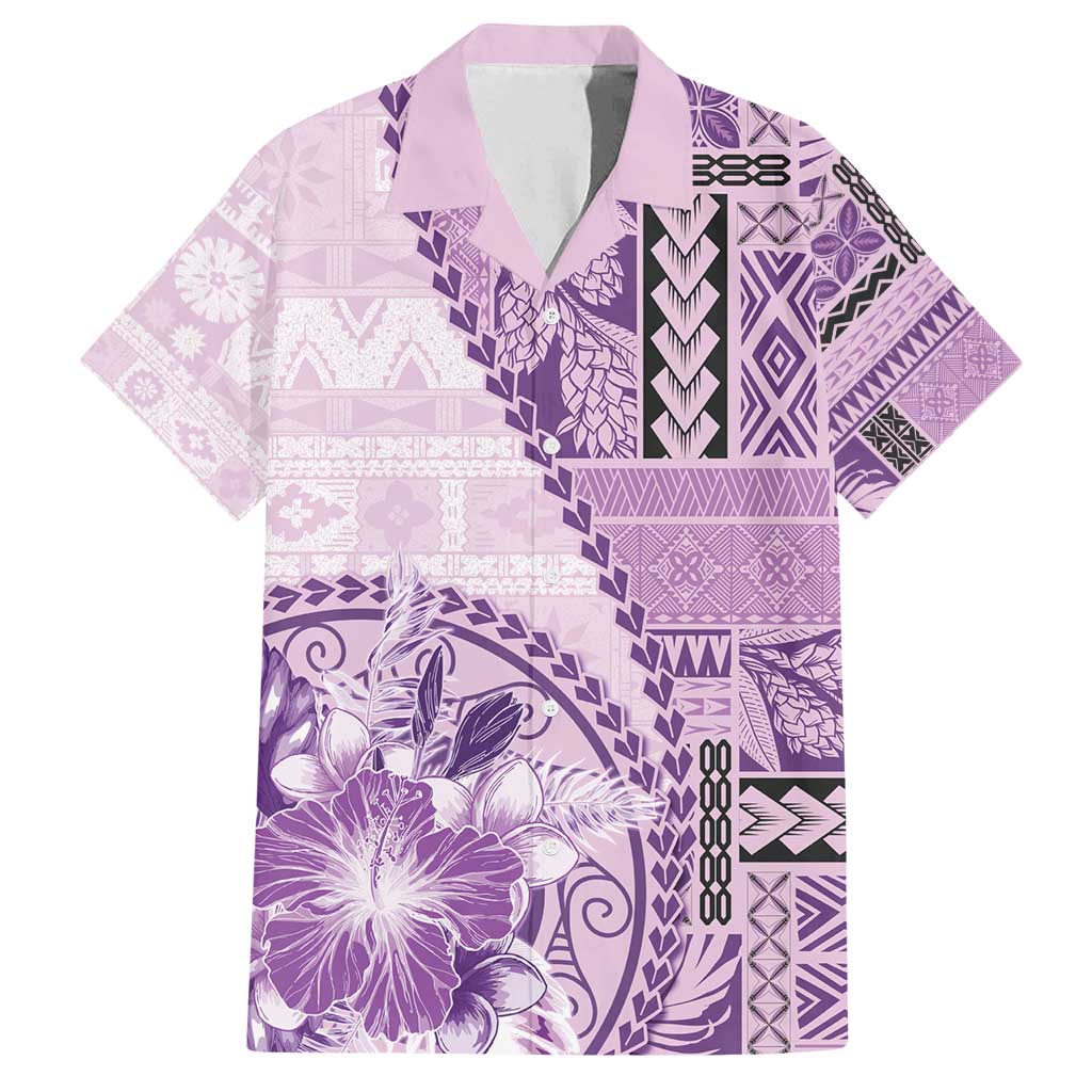 Samoa Siapo Elegant Family Matching Puletasi and Hawaiian Shirt Hibiscus Violet Motifs - Polynesian Pride