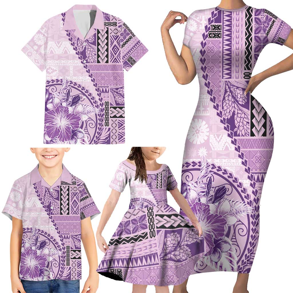 Samoa Siapo Elegant Family Matching Short Sleeve Bodycon Dress and Hawaiian Shirt Hibiscus Violet Motifs - Polynesian Pride