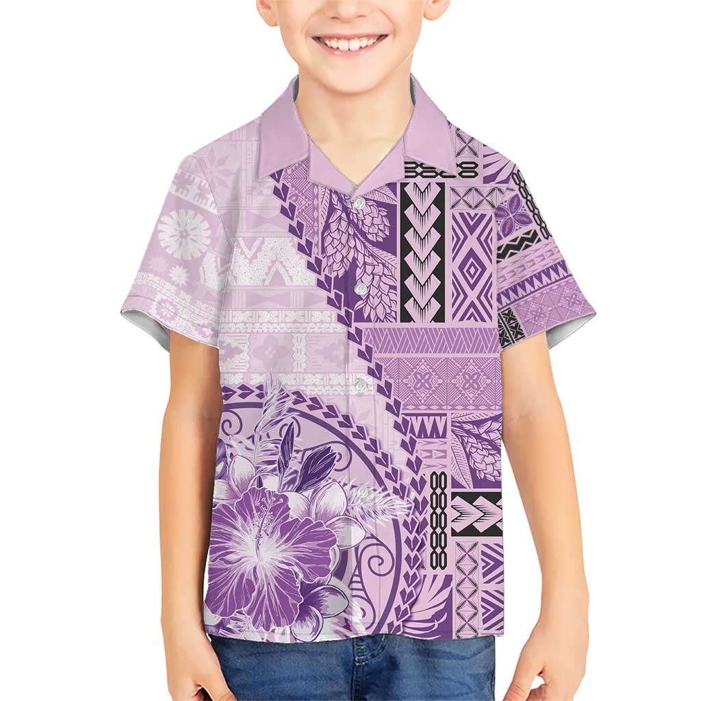 Samoa Siapo Elegant Family Matching Short Sleeve Bodycon Dress and Hawaiian Shirt Hibiscus Violet Motifs - Polynesian Pride