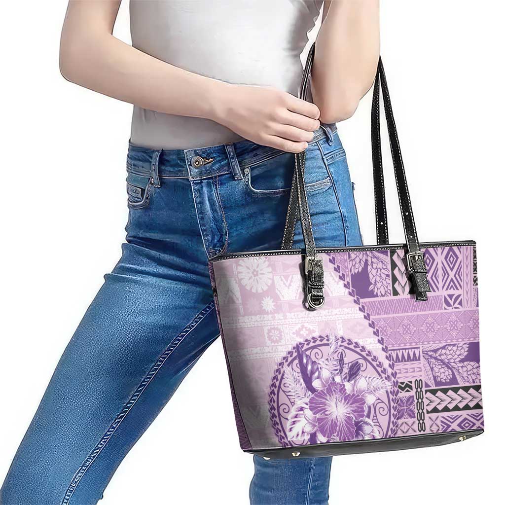 Samoa Siapo Elegant Leather Tote Bag Hibiscus Violet Motifs - Polynesian Pride