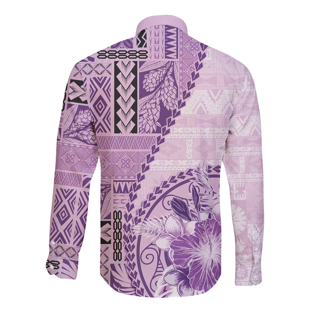 Samoa Siapo Elegant Long Sleeve Button Shirt Hibiscus Violet Motifs - Polynesian Pride