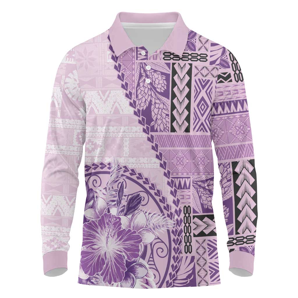 Samoa Siapo Elegant Long Sleeve Polo Shirt Hibiscus Violet Motifs LT05 Violet - Polynesian Pride