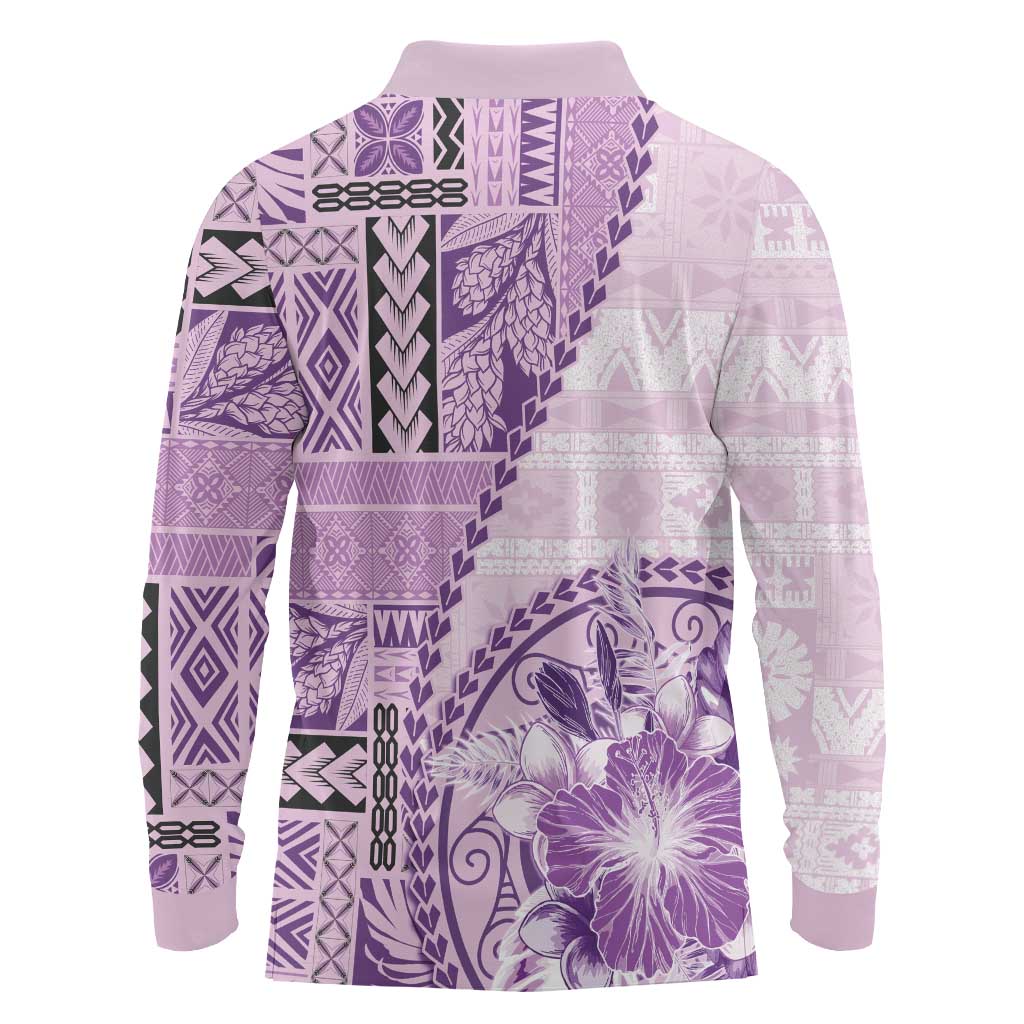 Samoa Siapo Elegant Long Sleeve Polo Shirt Hibiscus Violet Motifs LT05 - Polynesian Pride