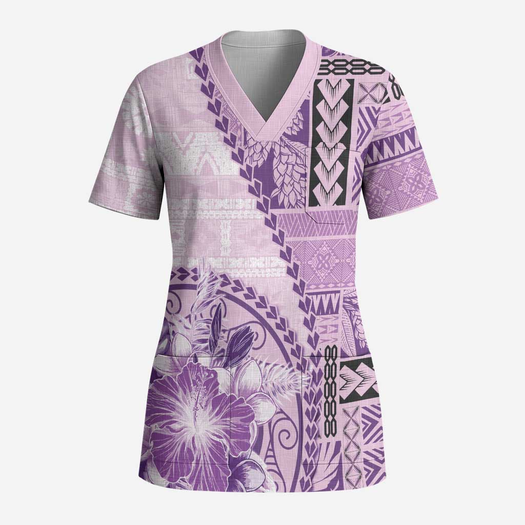 Samoa Siapo Elegant Scrub Top Hibiscus Violet Motifs - Polynesian Pride