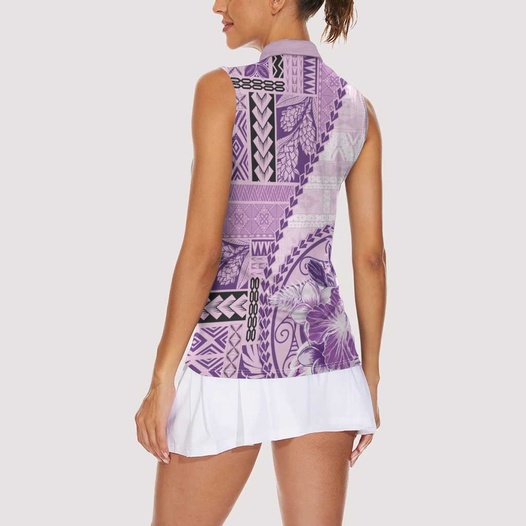 Samoa Siapo Elegant Women Sleeveless Polo Shirt Hibiscus Violet Motifs LT05 - Polynesian Pride