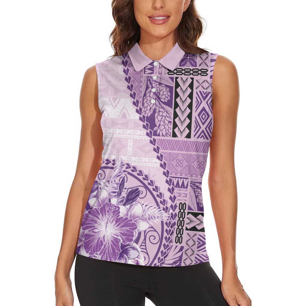 Samoa Siapo Elegant Women Sleeveless Polo Shirt Hibiscus Violet Motifs LT05 - Polynesian Pride