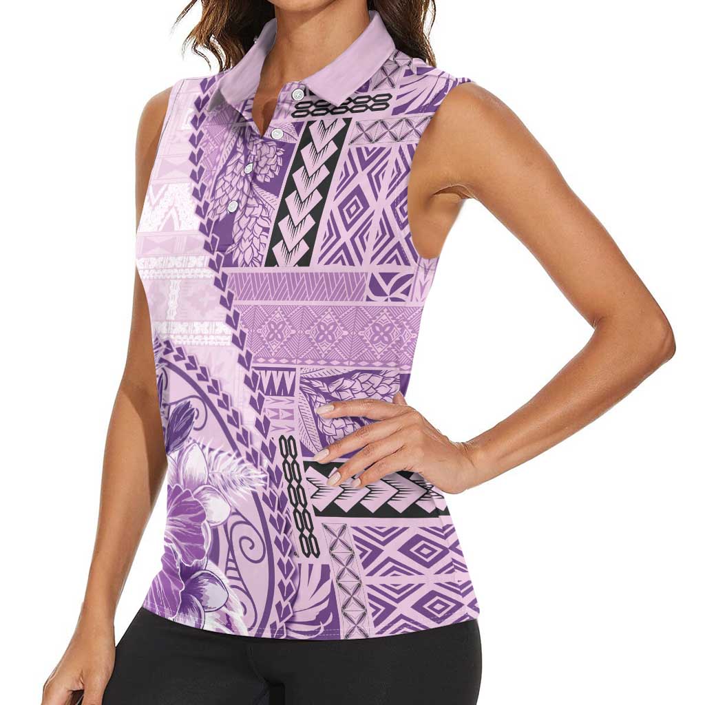 Samoa Siapo Elegant Women Sleeveless Polo Shirt Hibiscus Violet Motifs LT05 - Polynesian Pride