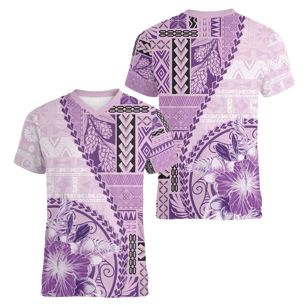 Samoa Siapo Elegant Women V-Neck T-Shirt Hibiscus Violet Motifs - Polynesian Pride