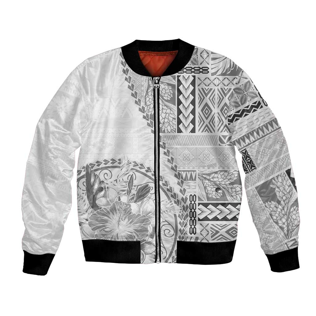 Samoa Siapo Elegant Bomber Jacket Hibiscus White Motifs LT05 Unisex White - Polynesian Pride