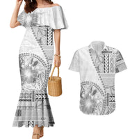 Samoa Siapo Elegant Couples Matching Mermaid Dress and Hawaiian Shirt Hibiscus White Motifs LT05 White - Polynesian Pride