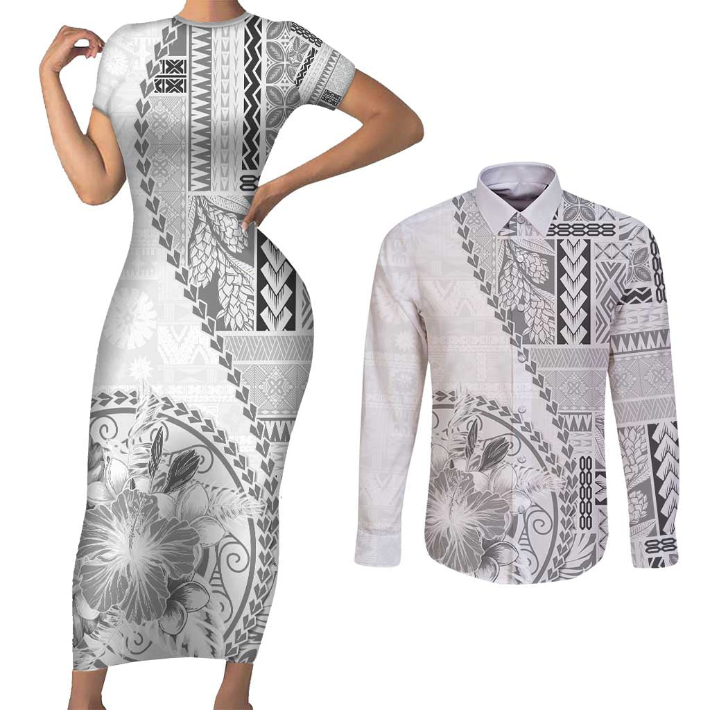 Samoa Siapo Elegant Couples Matching Short Sleeve Bodycon Dress and Long Sleeve Button Shirt Hibiscus White Motifs - Polynesian Pride