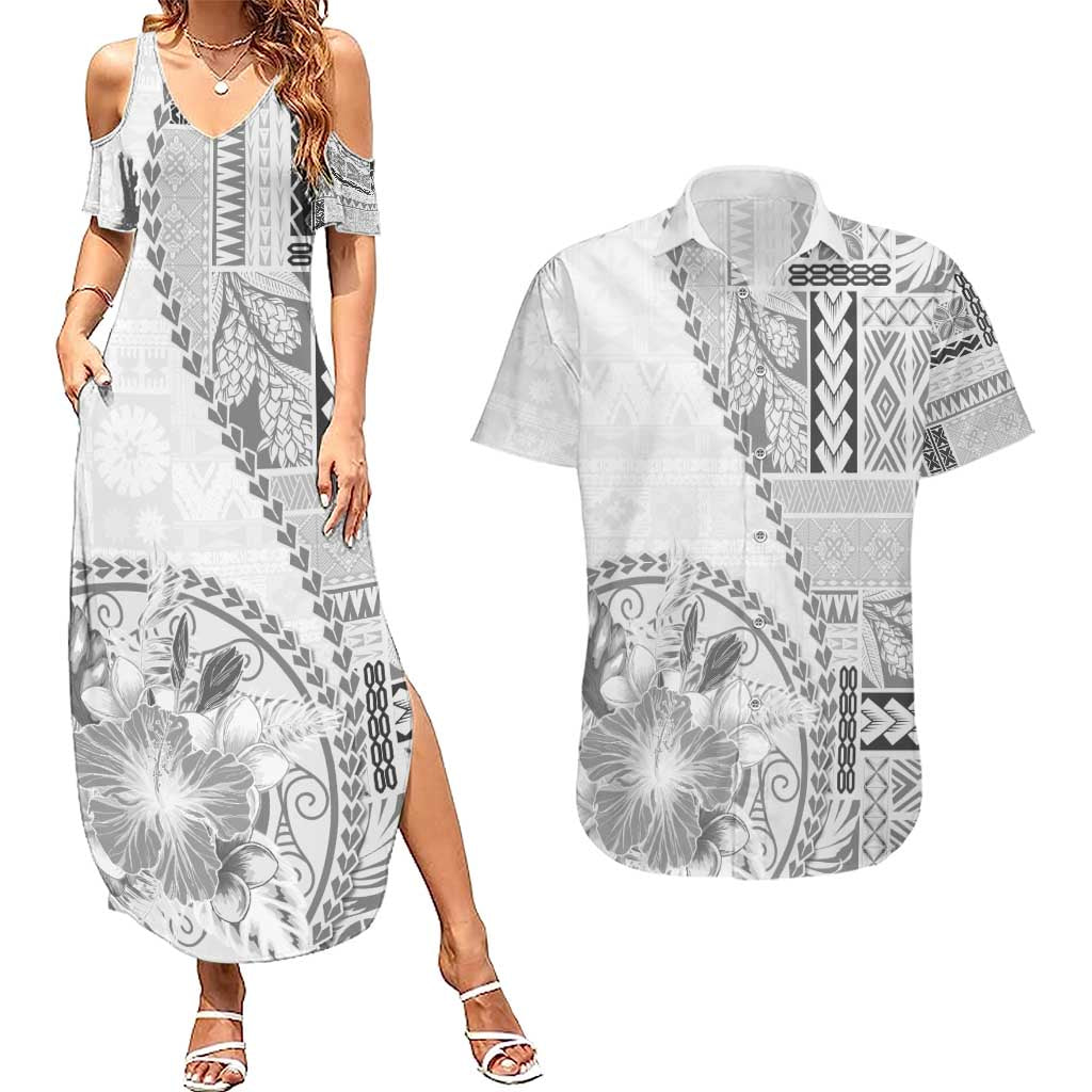 Samoa Siapo Elegant Couples Matching Summer Maxi Dress and Hawaiian Shirt Hibiscus White Motifs LT05 White - Polynesian Pride