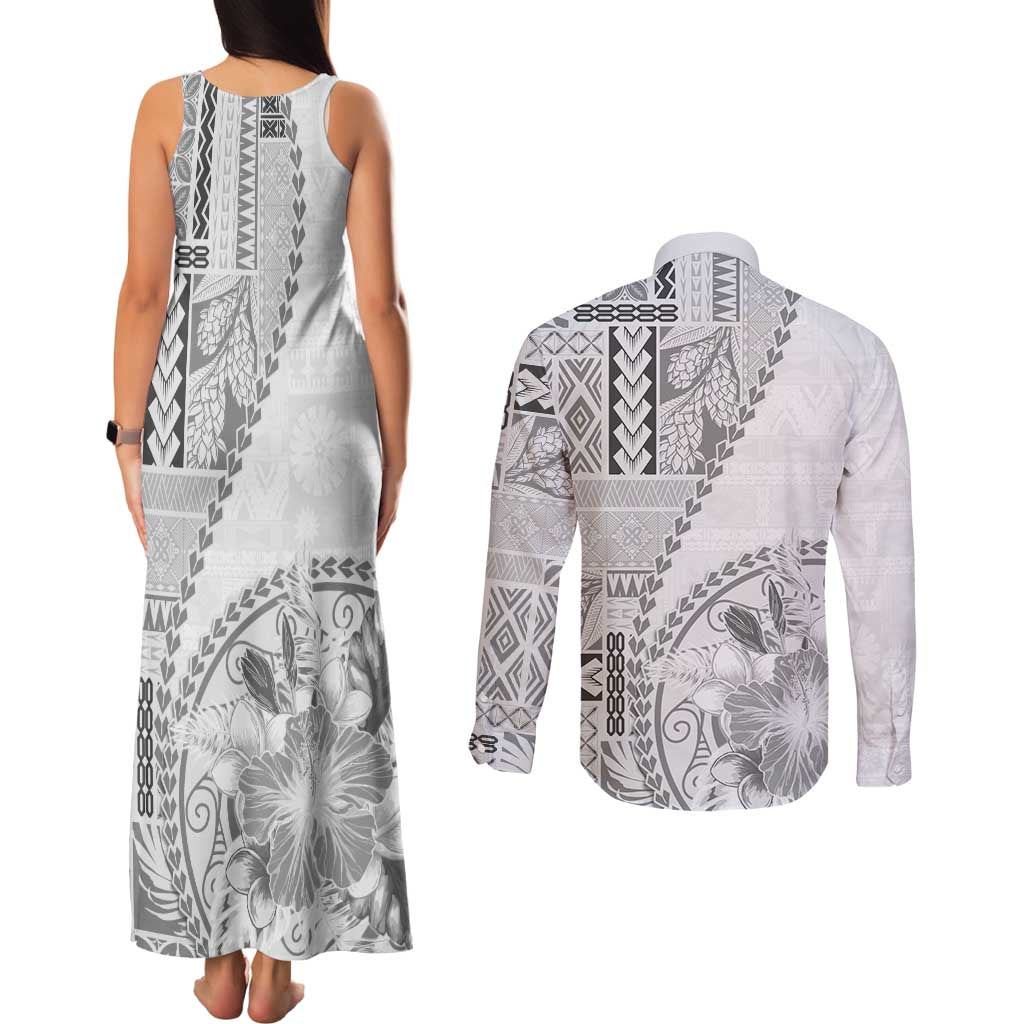 Samoa Siapo Elegant Couples Matching Tank Maxi Dress and Long Sleeve Button Shirt Hibiscus White Motifs - Polynesian Pride